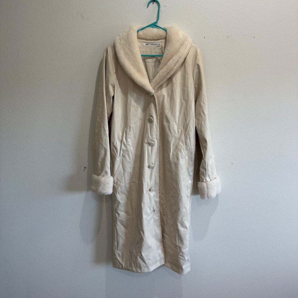12th Tribe x The Salty Blonde Cream Faux Leather Fur Trim Trench Coat Small